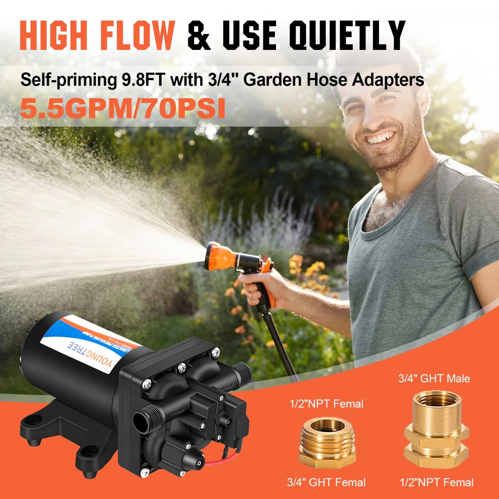 Youngtree Rv Fresh Water Pressure Pump 12V 5.5Gpm 70Psi, On Demand Self Priming Water Pump 12Volt Include 3/4'' Garden Hose Adap